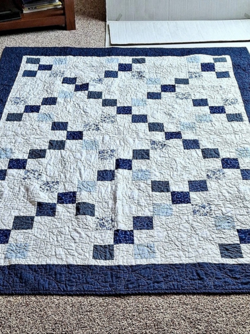 Blue & White Patchwork Geometric Quilt Handmade Classic Diagonal Matching Case